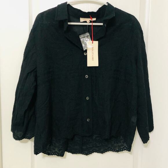 Solitaire Women's Button Up Shirt Embroidered Hi-Low Hem Long Sleeve Black Large - Picture 2 of 10